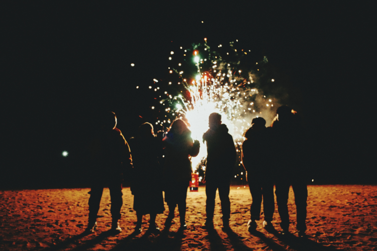 silhouette people standing against illuminated fireworks