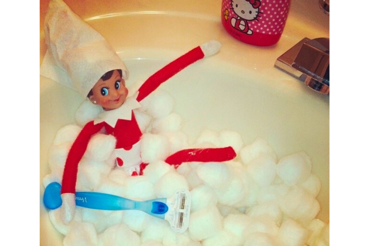 elf on the shelf having a bubble bath