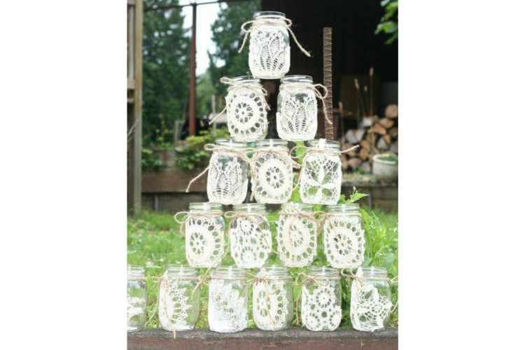 Lace Mason Jars stacked on top of one another