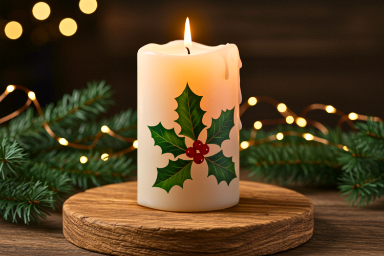painted candle with holly and berries