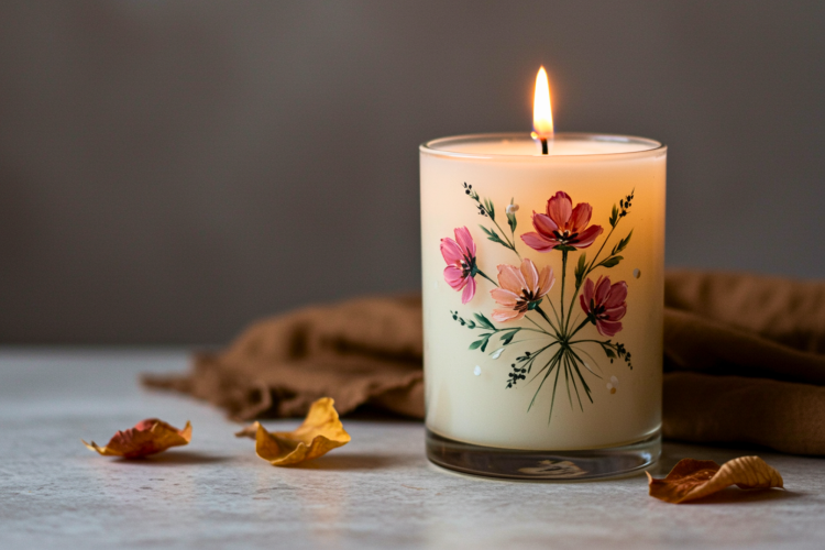Flower Bouquet Silhouettes painted on a candle