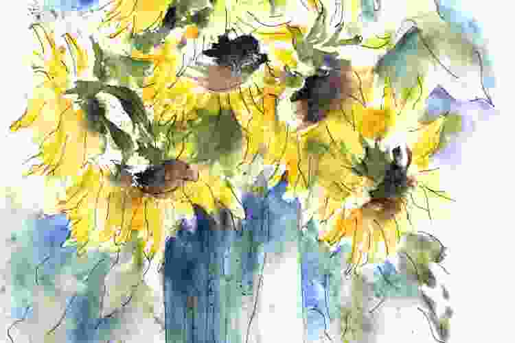 yellow sunflowers in blue vase watercolor