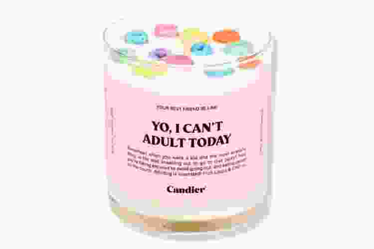 I can't adult today candle from Ulta with fruit loops cereal on top