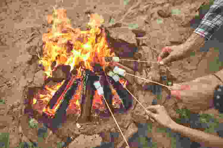 roasting marshmallows over beach bonfire