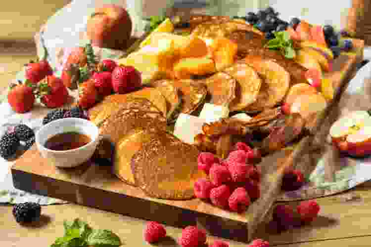 brunch charcuterie board with pancakes