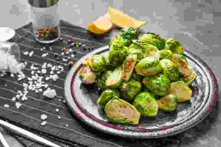 bowl of roasted Brussels sprouts for a dinner party idea for vegetarians