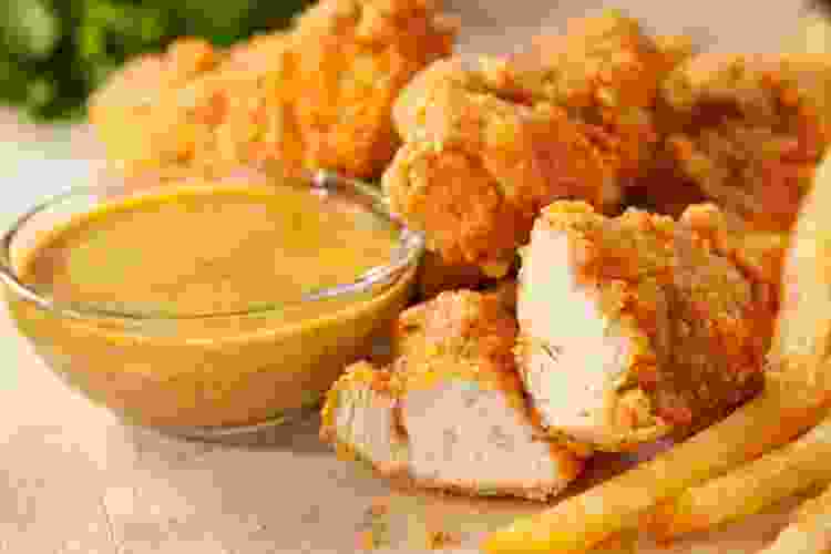 chicken fingers on platter with honey mustard