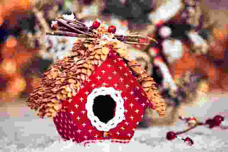 Christmas themed birdhouse with a pinecone roof