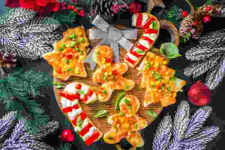 flatbreads shaped as Christmas trees and candy canes