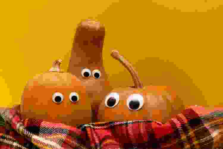 pumpkins with googly eyes wrapped in fall scarf