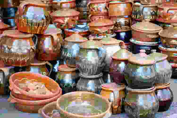 collection of colorful earthenware type of clay pots 