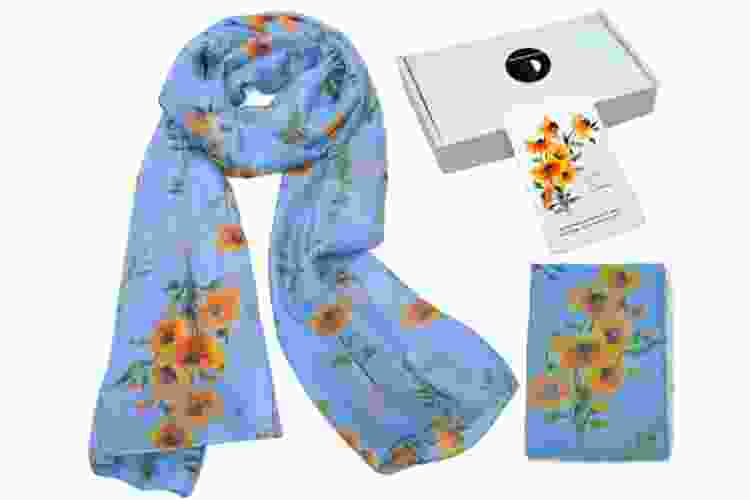 blue scarf with yellow flowers