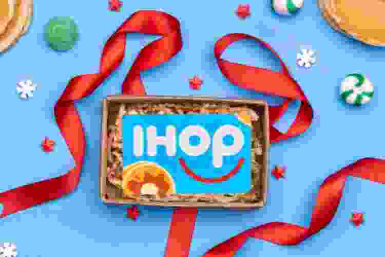 IHOP gift card surrounded by ribbon and candy