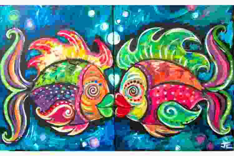 painting of two colorful fish kissing