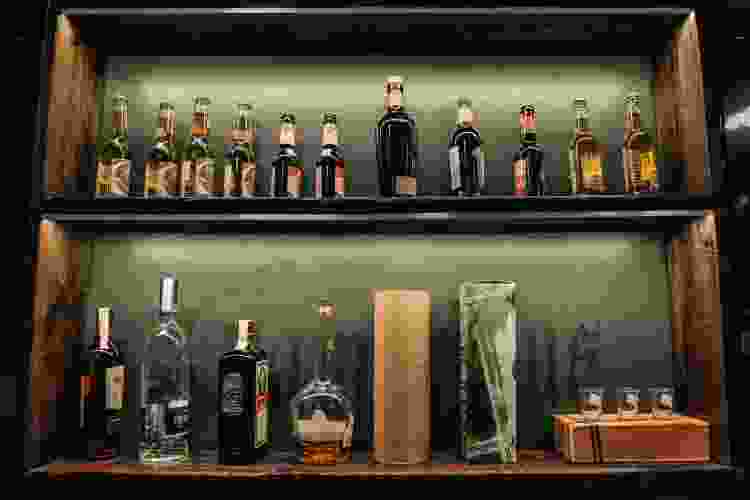 shelf of liquor bottles