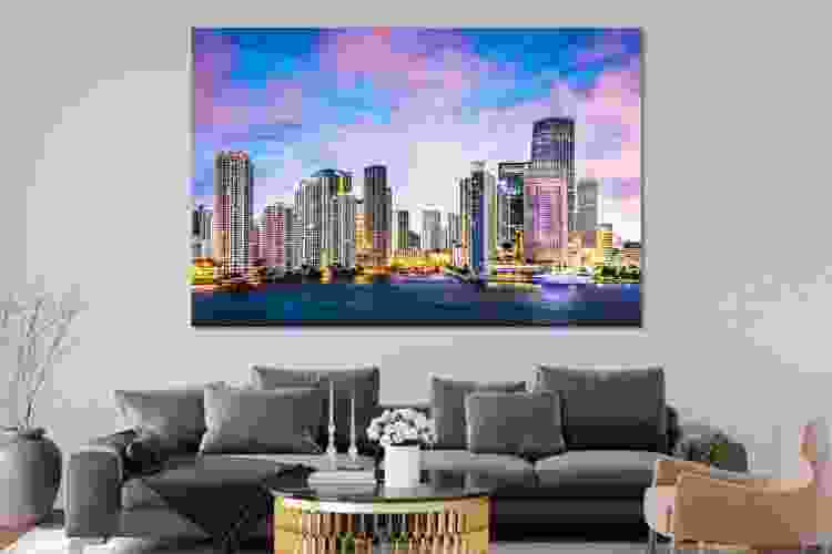 Miami skyline at night printed on canvas 