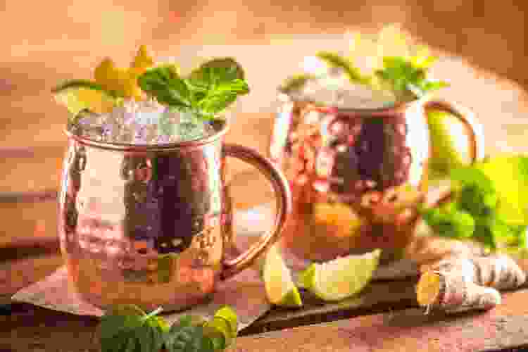 This Moscow mule Thanksgiving cocktail is served in metal cups. 