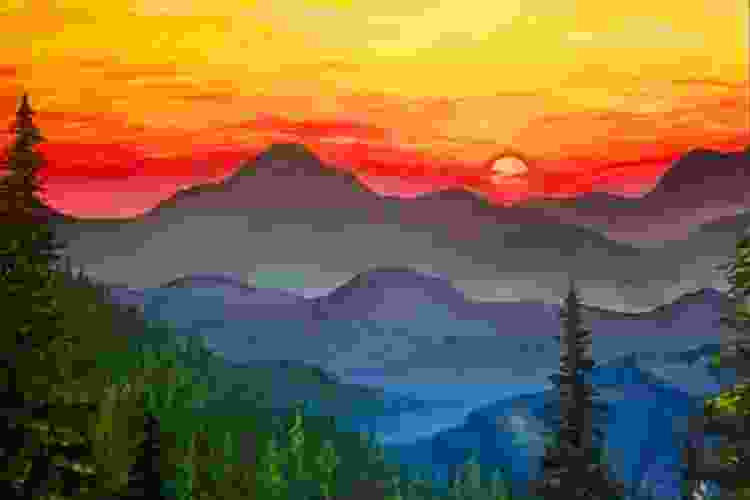 painting of mountain range at sunset