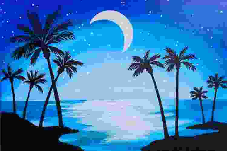 painting of beach night sky with tall black palm trees