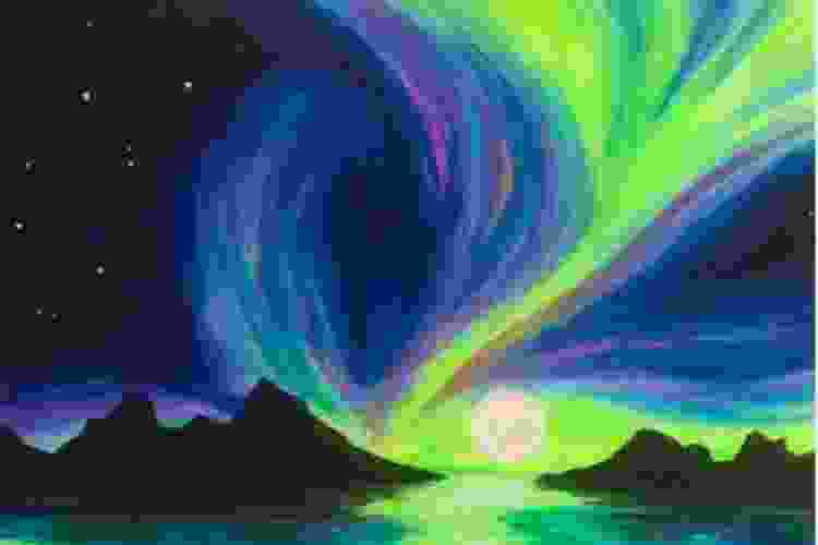 painting of the Northern Lights over a dark mountain range