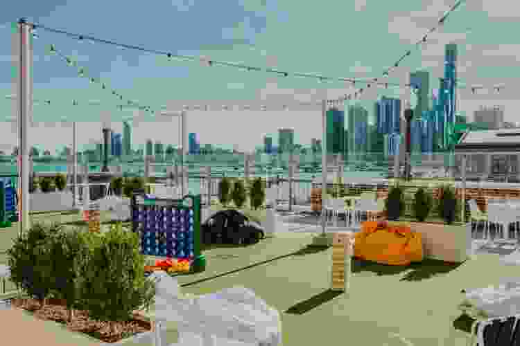 offshore Chicago rooftop restaurant with city skyline view and games