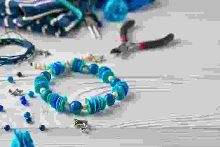 clay bead bracelet with blue beads in light and dark shades