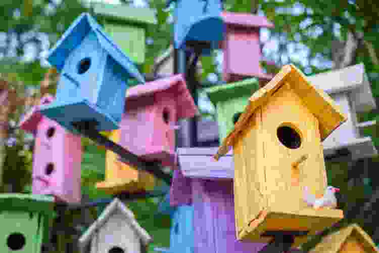 pastel painted bird houses hanging in a group