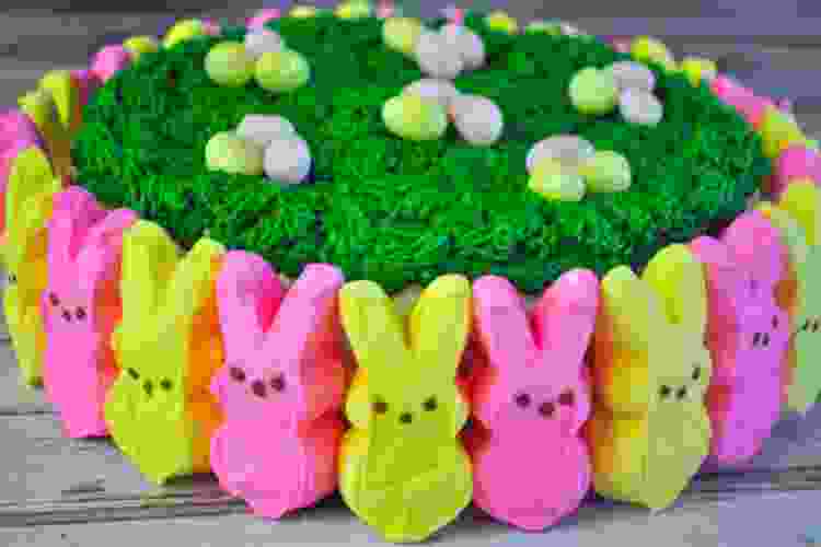 Easter cake with green grass frosting and marshmallow peeps