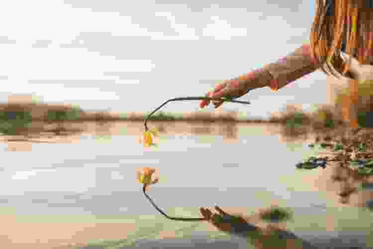 young girl holding flower over reflection pond