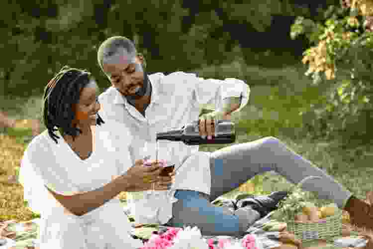 couple enjoying wine at picnic in the park