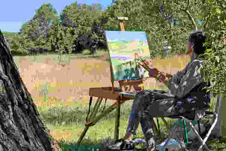 woman painting landscape while sitting outside