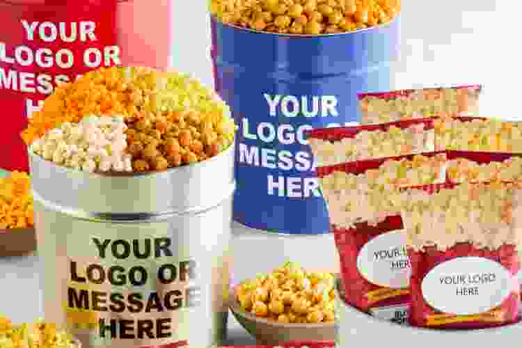 gourmet popcorn in different flavors in custom team buckets