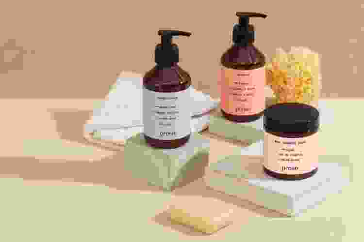 assortment of custom shampoo and haircare products