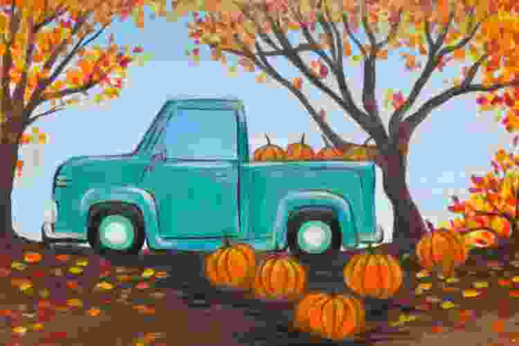 painting of blue truck filled with orange pumpkins