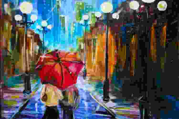 painting of couple walking on a rainy city street at night