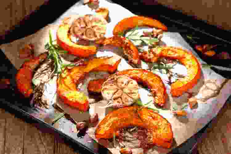 roasted pumpkin on baking sheet