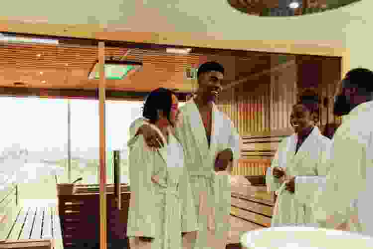 couples greeting each other at the spa