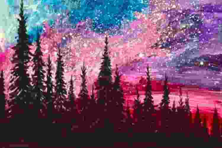 painting of dark trees in front of pink and blue starry night sky