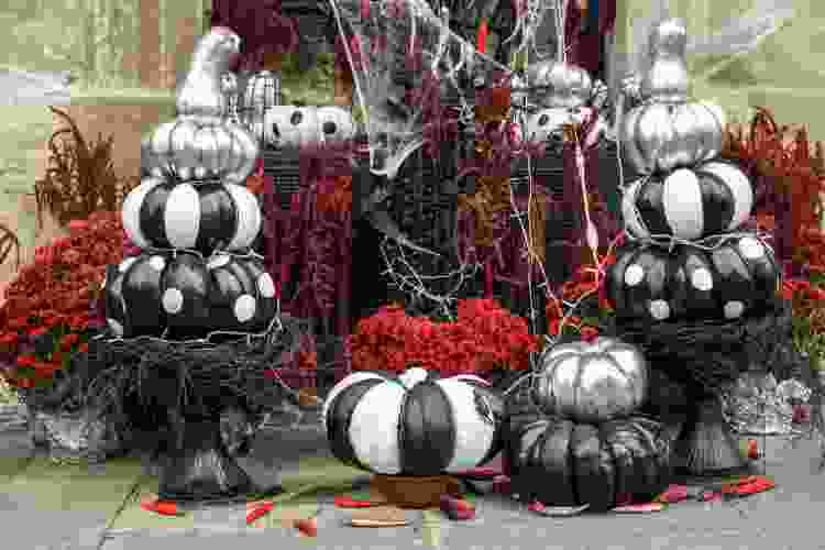 black and white display of striped pumpkins