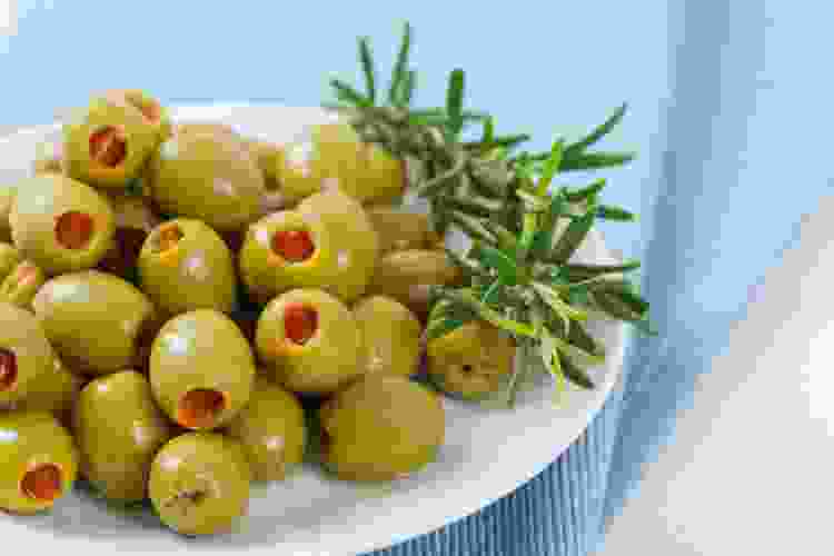 pimento stuffed olives on a platter