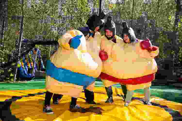 family wrestling dressed in sumo suits