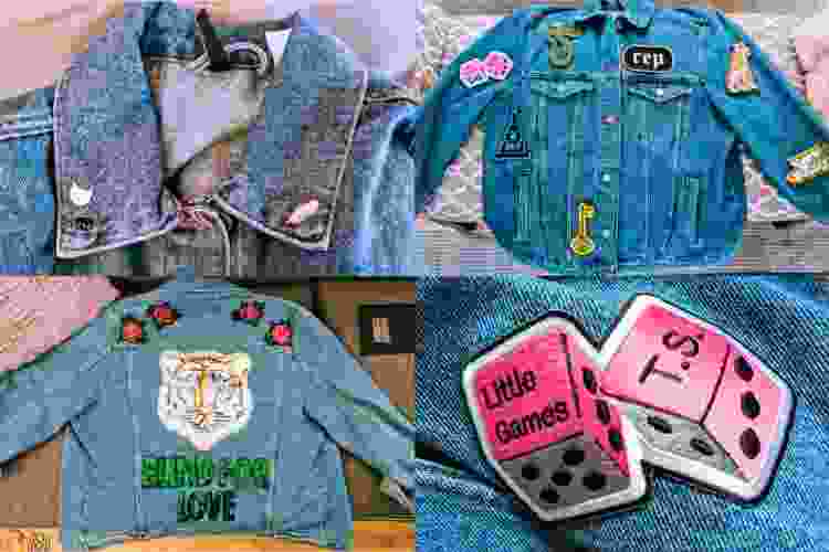 patchwork denim jacket with Taylor Swift patches ironed on it