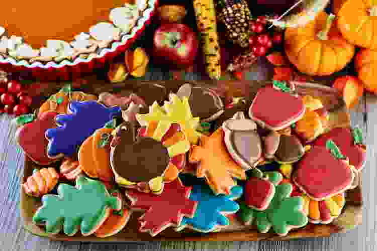 Thanksgiving themed sugar cookies on a platter