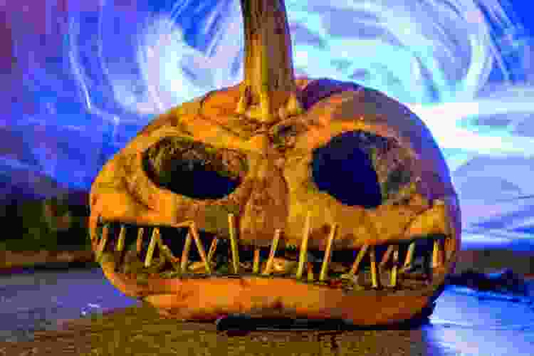 rotting Jack-o-lantern with toothpicks for teeth