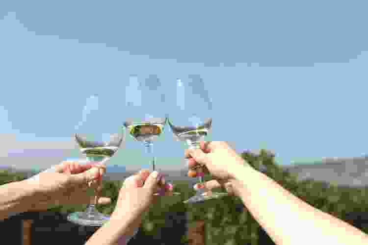 three hands clinking wine glasses at winery