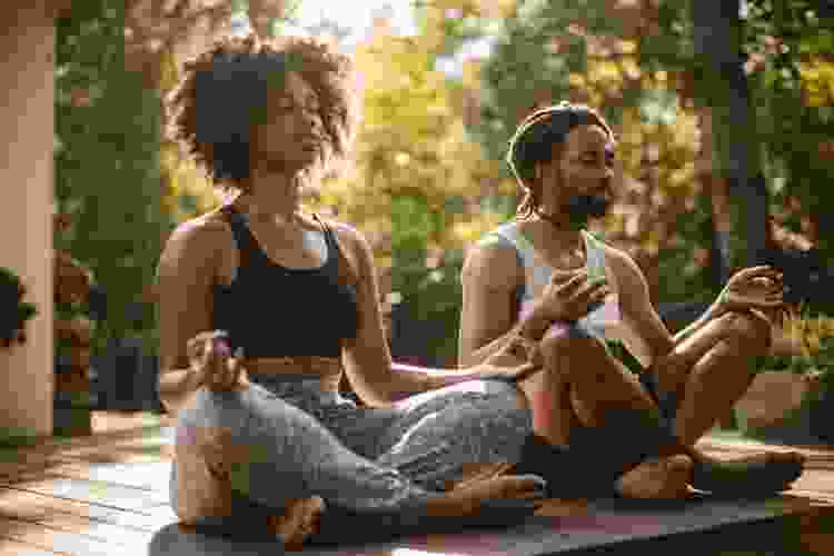 couple doing yoga outdoors