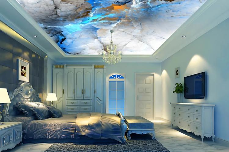 bedroom with ceiling wallpaper