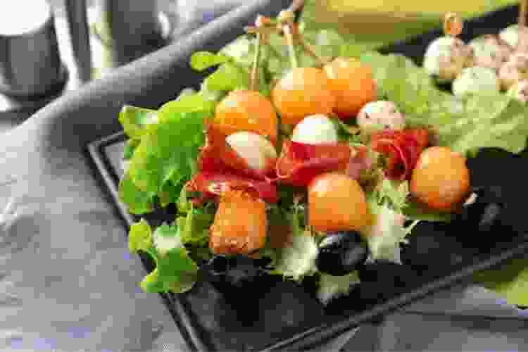 melon prosciutto skewers with mozzarella