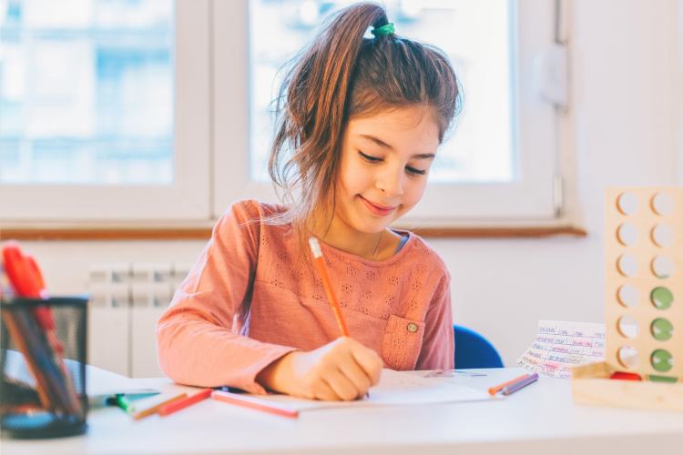 girl studying happily