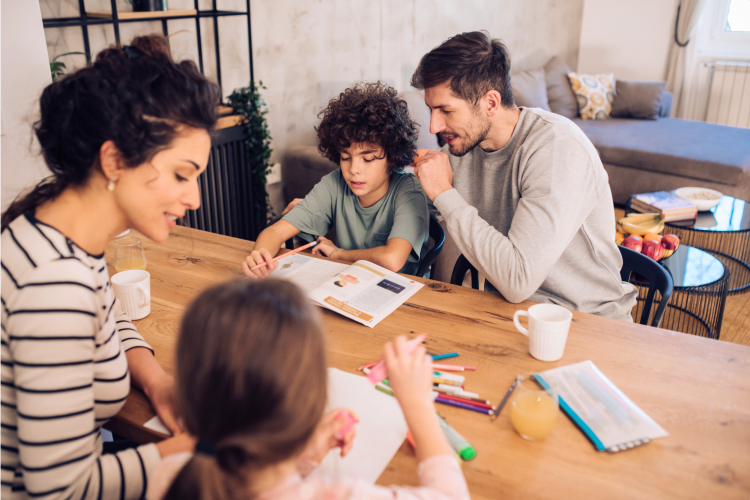 family doing homework together